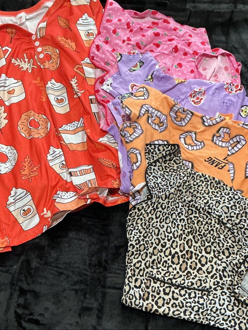 5 Mixed Print Pajama Tops - Red, Pink, Purple, Orange, Leopard